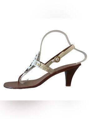 Tory Burch Holly White Patent Double T Kitten Heel Slingback Sandals 9.5